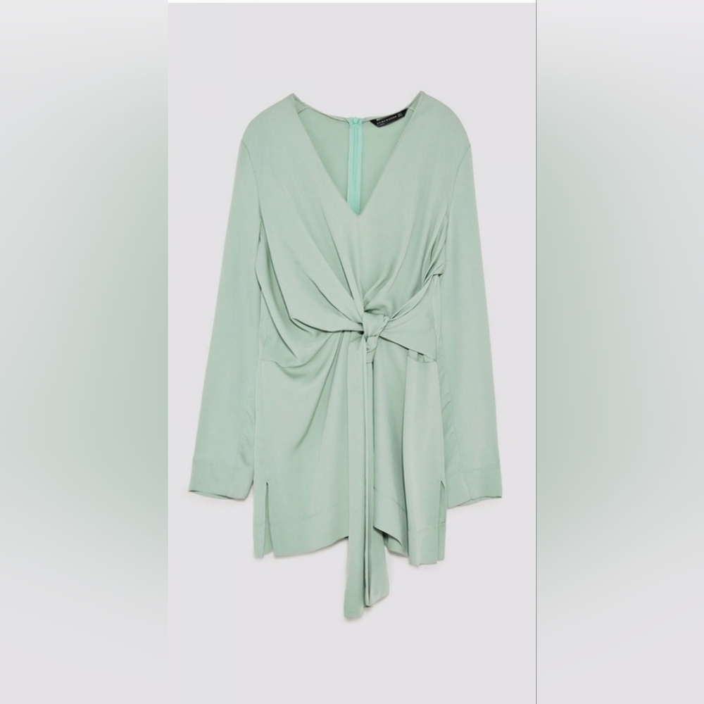 Zara Mint Green/Sage Green Long Sleeves Draped Dress - with Tags (Size:Large)